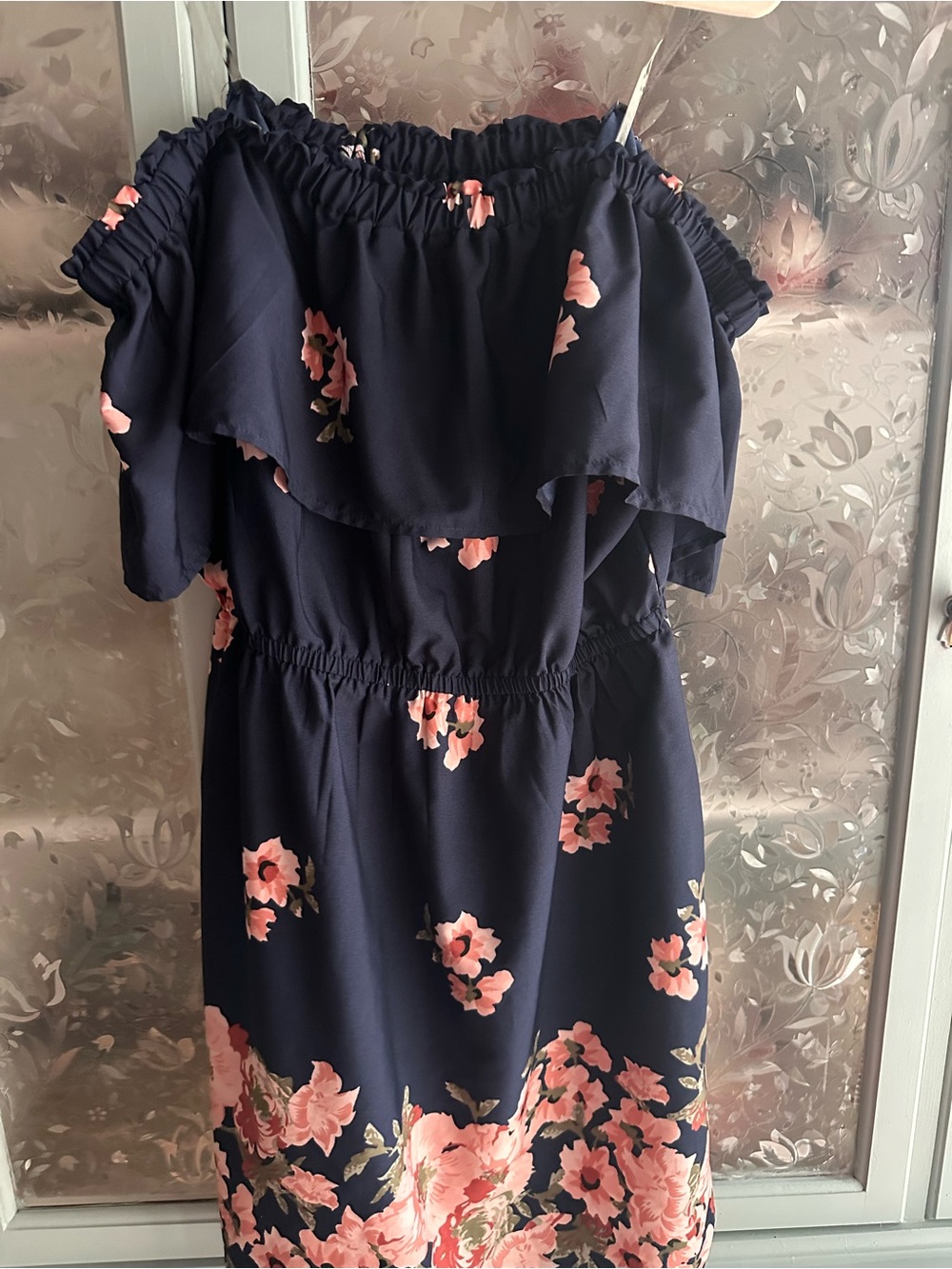 Blush Navy Strapless Floral Ruffle Dress with Pink Blooms
